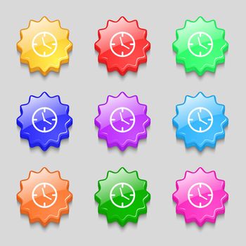 Clock time sign icon. Mechanical watch symbol. Symbols on nine wavy colourful buttons. Vector illustration