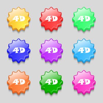 4D sign icon. 4D New technology symbol. Symbols on nine wavy colourful buttons. Vector illustration