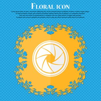 diaphragm icon. Aperture sign. Floral flat design on a blue abstract background with place for your text. Vector illustration