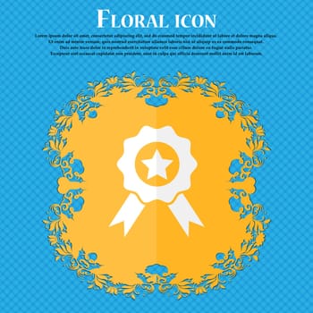 Award, Medal of Honor icon sign. Floral flat design on a blue abstract background with place for your text. Vector illustration