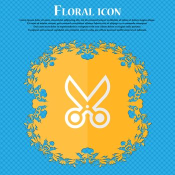 scissors. Floral flat design on a blue abstract background with place for your text. Vector illustration