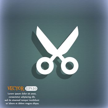 Scissors hairdresser sign icon. Tailor symbol. On the blue-green abstract background with shadow and space for your text. Vector illustration