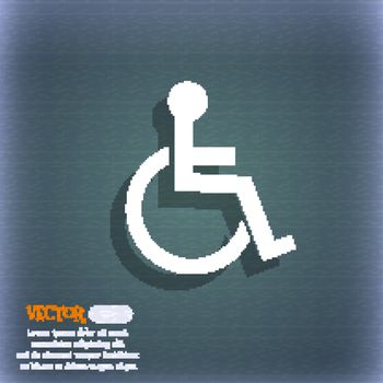 Disabled sign icon. Human on wheelchair symbol. Handicapped invalid sign. On the blue-green abstract background with shadow and space for your text. Vector illustration