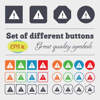Attention sign icon. Exclamation mark. Hazard warning symbol. Big set of colorful, diverse, high-quality buttons. Vector illustration