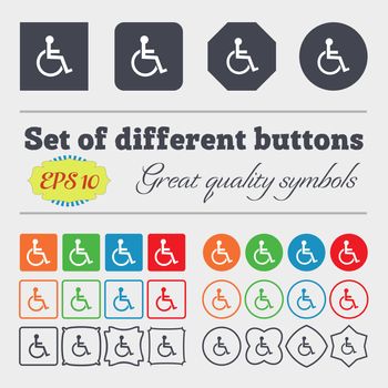 Disabled sign icon. Human on wheelchair symbol. Handicapped invalid sign. Big set of colorful, diverse, high-quality buttons. Vector illustration