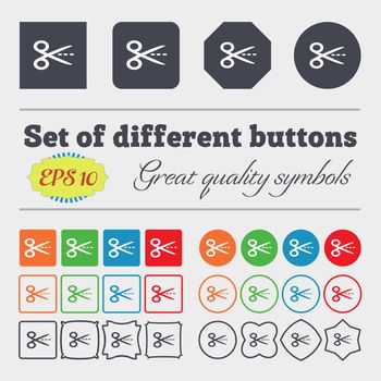 Scissors with cut dash dotted line sign icon. Tailor symbol. Big set of colorful, diverse, high-quality buttons. Vector illustration