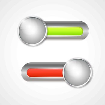 two silver switch buttons with red and green element