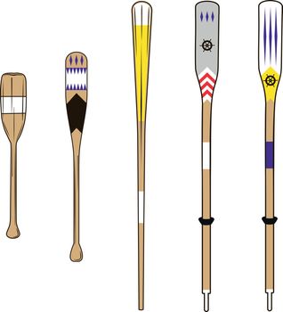 various types of wooden oars with various colors