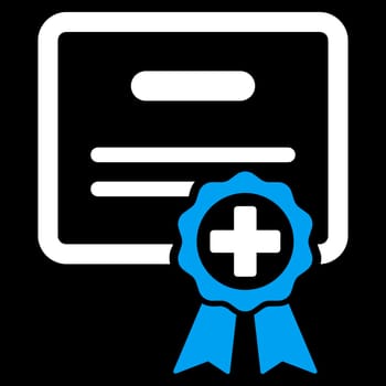Medical Certificate vector icon. Style is bicolor flat symbol, blue and white colors, rounded angles, black background.