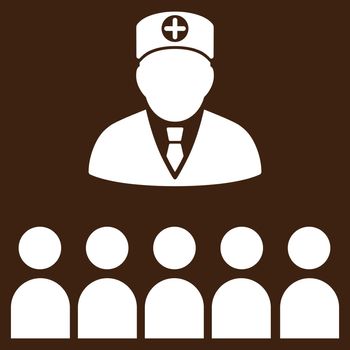 Doctor Class vector icon. Style is flat symbol, white color, rounded angles, brown background.