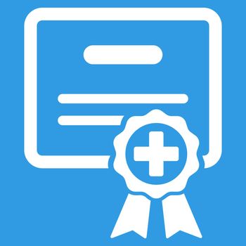 Medical Certificate vector icon. Style is flat symbol, white color, rounded angles, blue background.
