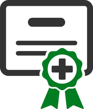 Medical Certificate vector icon. Style is bicolor flat symbol, green and gray colors, rounded angles, white background.