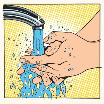 Hand hygiene wash under water pop art retro style