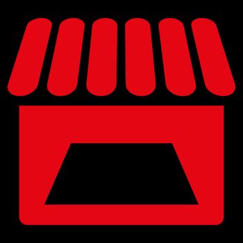 Store vector icon. Style is flat symbol, red color, rounded angles, black background.