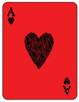 The Ace of Hearts in black with a red card over a white background with grunge effect