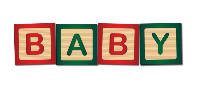 Childs wooden blocks making up the word baby