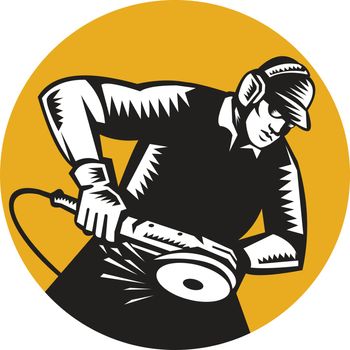 Illustration of a worker wearing hat and ear muffs holding angle grinder working viewed from side set inside circle done in retro woodcut style. 