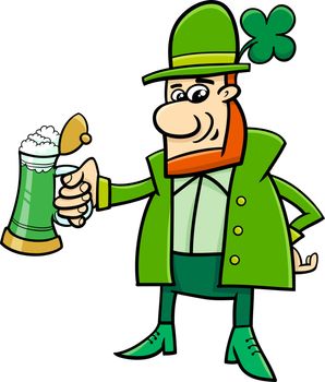 Cartoon Illustration of Leprechaun on Saint Patrick Day with Beer and Clover