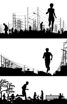 Set of EPS8 editable vector silhouette foregrounds of joggers running with all figures as separate objects