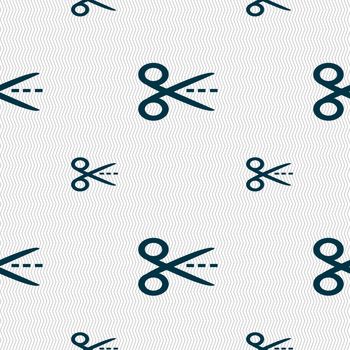 Scissors with cut dash dotted line sign icon. Tailor symbol. Seamless pattern with geometric texture. Vector illustration