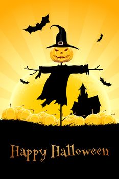Halloween Party Background with House Scarecrow Pumpkins and Bats