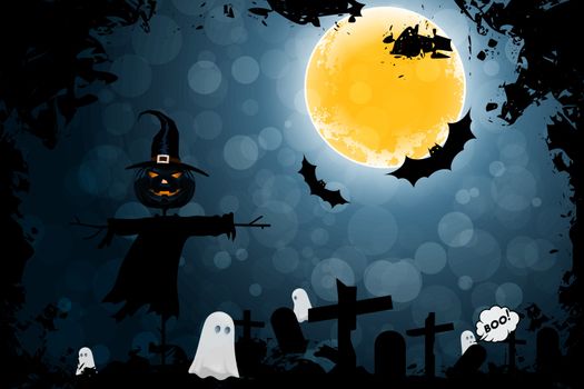 Grungy Halloween Background with Ghosts, Graveyard and Scarecrow