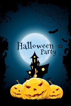 Grungy Halloween Party Background with Haunted House, Pumpkins, Bats, Moon and Spider