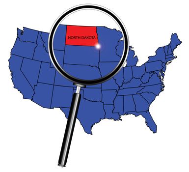 North Dakota state outline set into a map of The United States of America under a magnifying glass