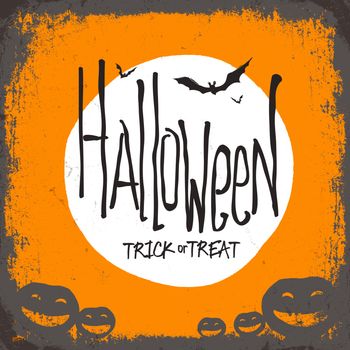 Halloween vector illustration. Dry tree, full moon and pumpkins. Trick or treat