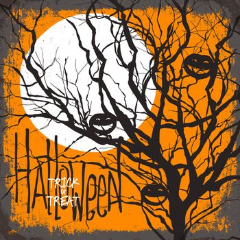 Halloween vector illustration. Dry tree, full moon and pumpkins. Trick or treat