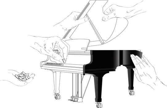 Surreal vector illustration with an image of hands building a Piano.