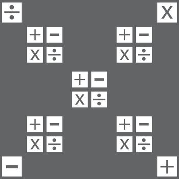 Multiplication, division, plus, minus icon Math symbol Mathematics. Seamless pattern on a gray background. Vector illustration