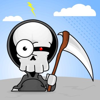 A little cartoon grim reaper with a scythe and a creepy red eye.