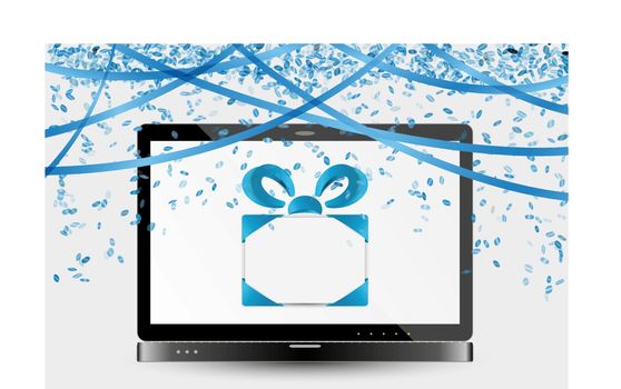 celebration image with blue ribbons and confetti and black laptop