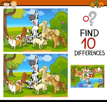 Cartoon Illustration of Finding Differences Educational Task for Children with Dogs Characters