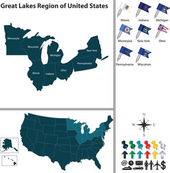 Vector set of Great Lakes region of United States with flags and map on white background