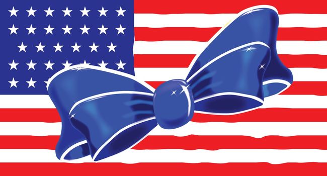 A blue and white silk ribbon bow over the Stars and Stripes flag