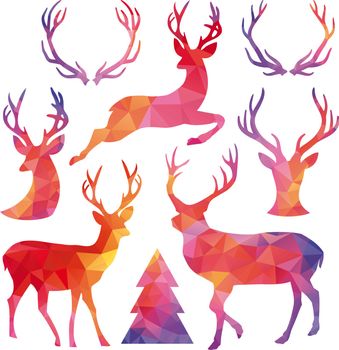 Christmas deer with low poly geometric pattern, set of vector design elements