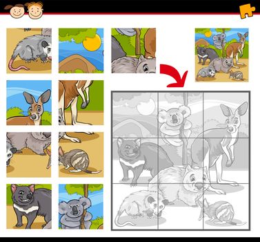 Cartoon Illustration of Education Jigsaw Puzzle Game for Preschool Children with Wild Australian Animals Characters Group