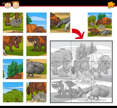 Cartoon Illustration of Education Jigsaw Puzzle Game for Preschool Children with Wild Animals Characters Group