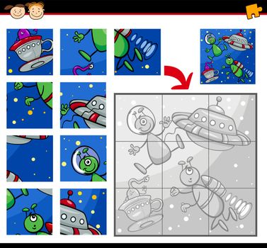 Cartoon Illustration of Education Jigsaw Puzzle Game for Preschool Children with Aliens Characters in Space