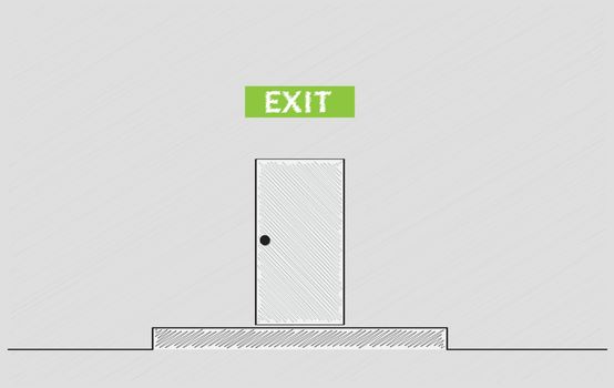 exit text and closed door, crosshatched image