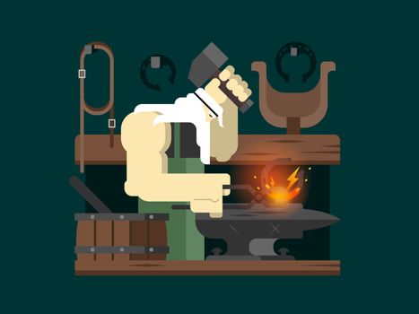 Blacksmith character. Hammer and anvil, worker and metal, person man, flat vector illustration