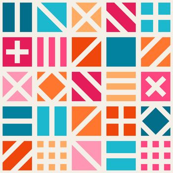 Vector Seamless Geometric Square Irregular Quilt Tiling Pattern in Pink Blue and Orange Background