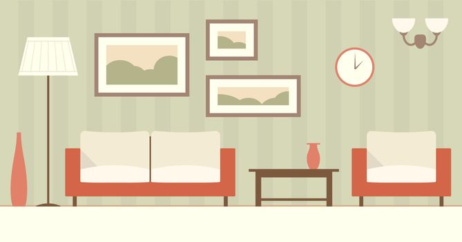 Interior of a modern minimalistic living room. Vector flat color illustration.