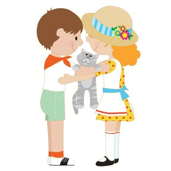 A pair of children, one boy and one girl, are hugging and holding a grey cat