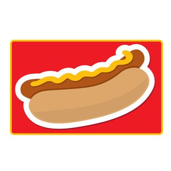 A stylized hot dog and bun on a red background
