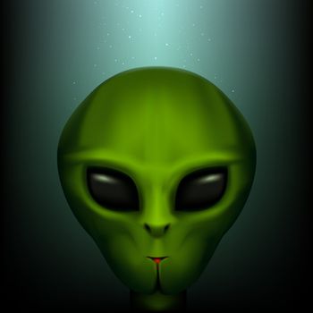 The alien portrait on the dark mesh background with rays of light