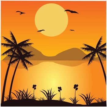 The Beautiful tropical landscape with palm.Vector illustration