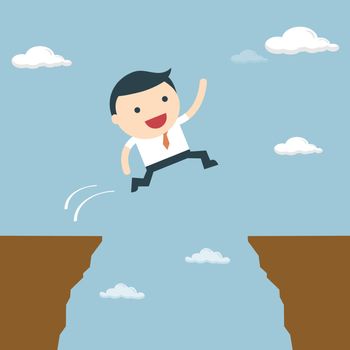 Businessman jumping over the cliff to goal. Businessman jump through the gap